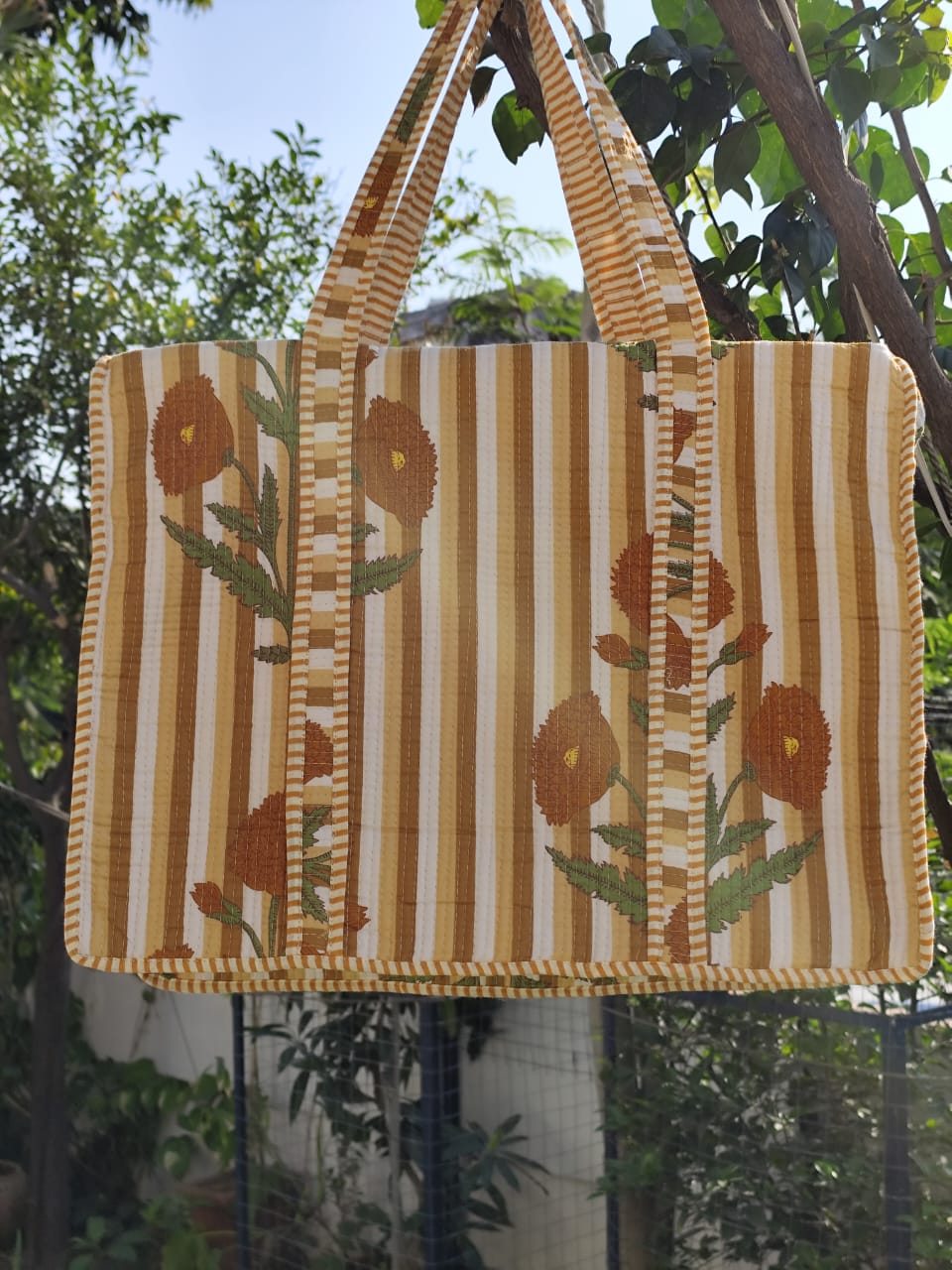 Orange Phool Quilted Cotton Zipper Travel Bag