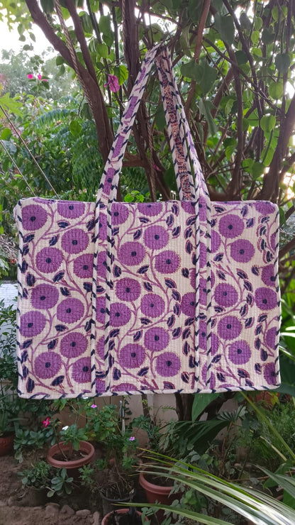 Purple Phool Quilted Cotton Zipper Travel Bag