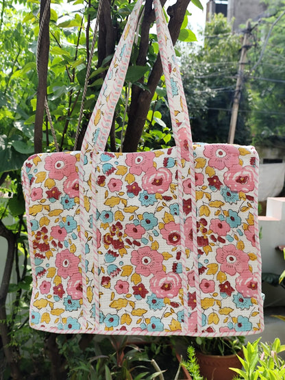 Pink Red Floral Garden Quilted Cotton Zipper Travel Bag