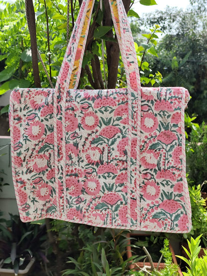 Pink Garden Quilted Cotton Zipper Travel Bag