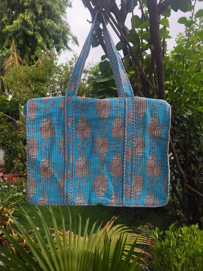 Blue Tiger Quilted Cotton Zipper Travel Bag