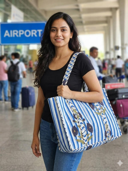 Indigo Floral Quilted Cotton Zipper Travel Bag