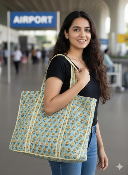 Yellow Sunflower Quilted Cotton Zipper Travel Bag