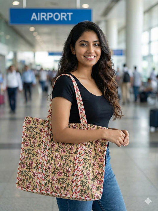 Beige Floral Jaal Quilted Cotton Zipper Travel Bag
