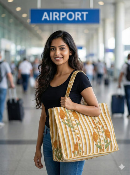 Orange Phool Quilted Cotton Zipper Travel Bag