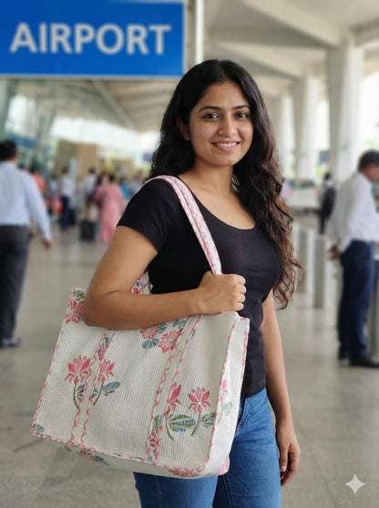 Pink Poppy Phool Quilted Cotton Zipper Travel Bag
