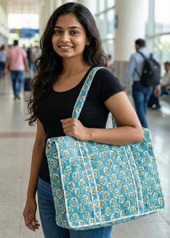 Teal Blue Quilted Cotton Zipper Travel Bag