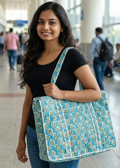 Teal Blue Quilted Cotton Zipper Travel Bag