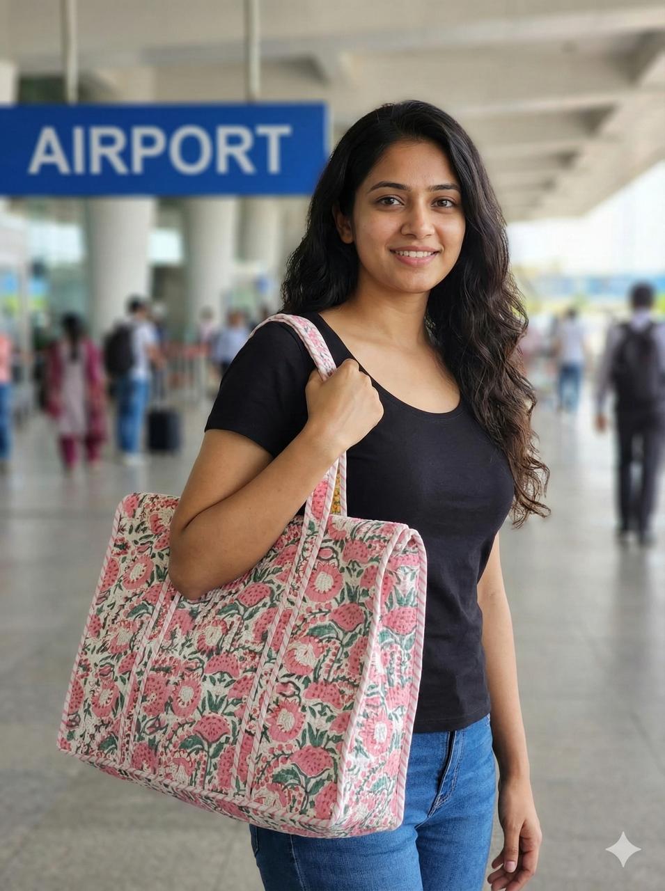 Pink Garden Quilted Cotton Zipper Travel Bag