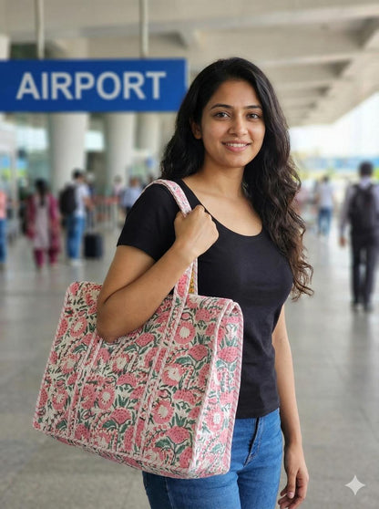 Pink Garden Quilted Cotton Zipper Travel Bag