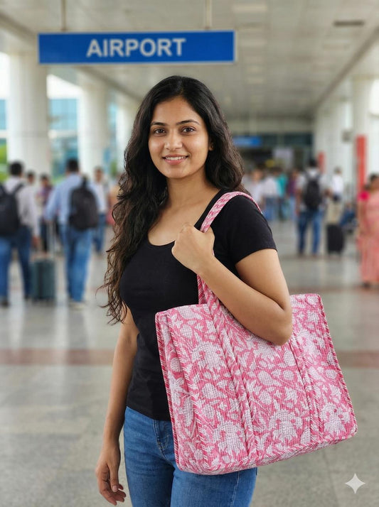 Pink Phool Garden Quilted Cotton Zipper Travel Bag