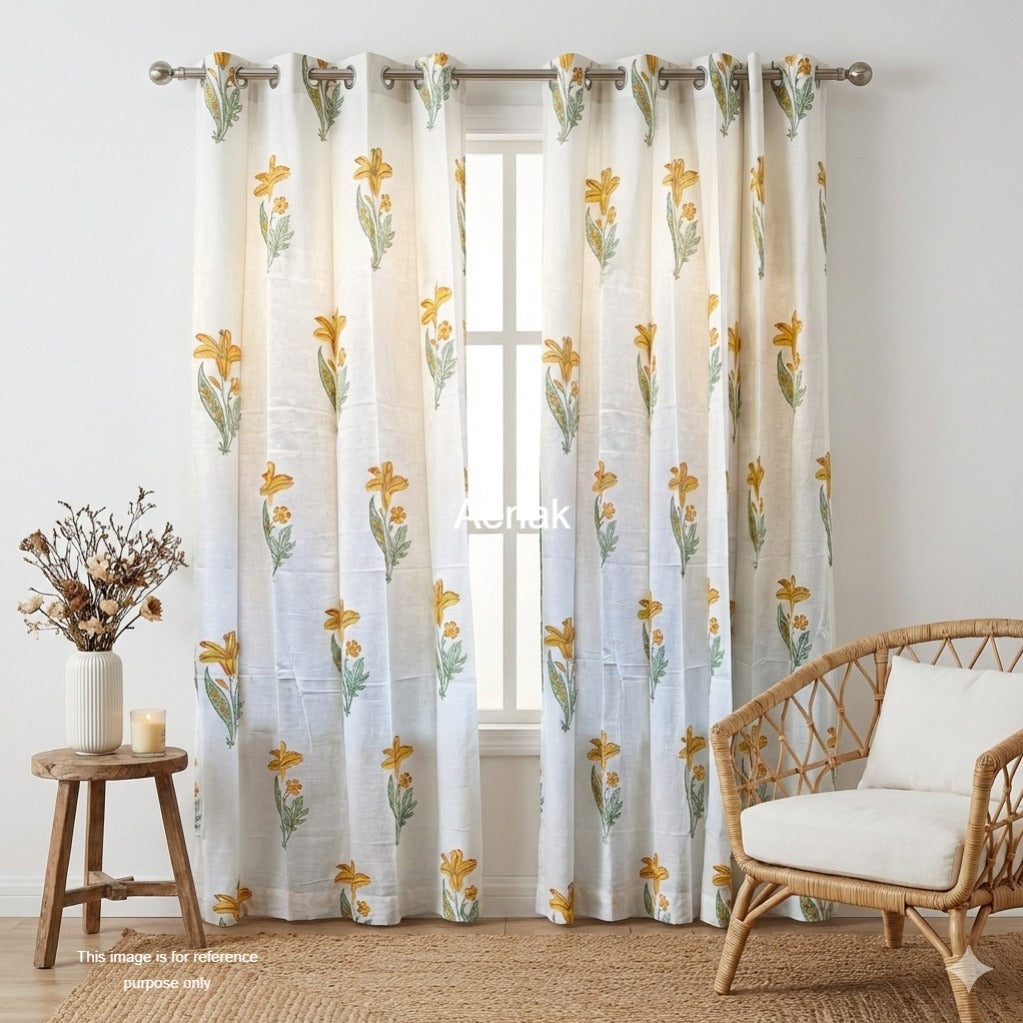 Yellow Lily Eyelet Handblock Curtains