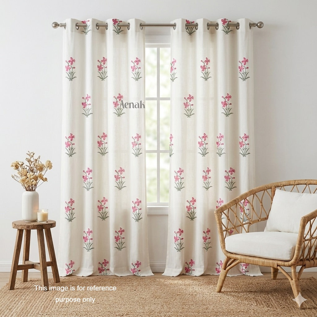 Pink Periwinkle Eyelet Handblock Curtain