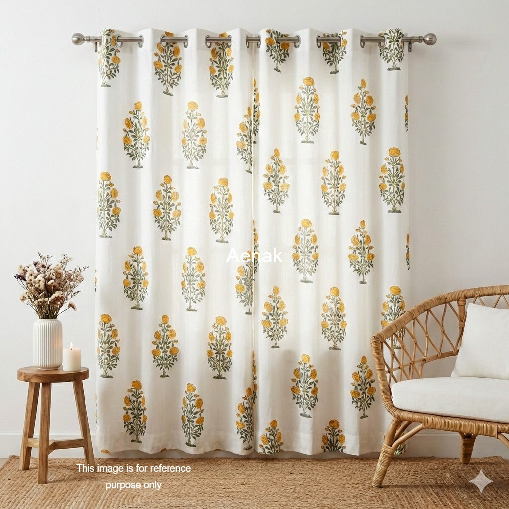 Yellow Flower Baag Eyelet Handblock Curtains
