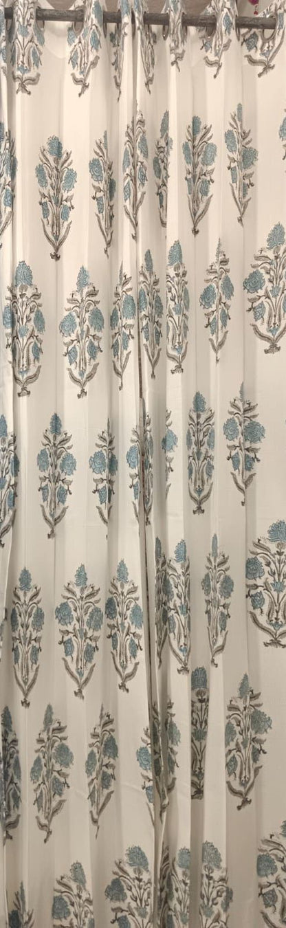 Soft Blue Phool Handblock Curtains