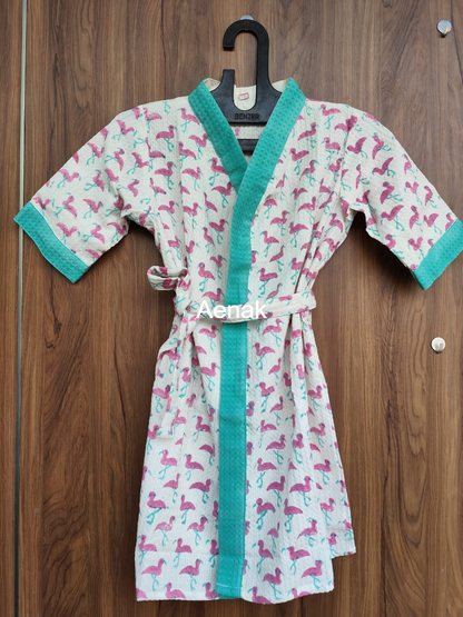 Pink Flamingo Handblock Cotton Bathrobe Set