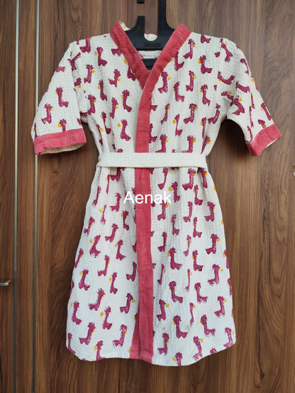 Pink Giraffe Handblock Cotton Bathrobe Set