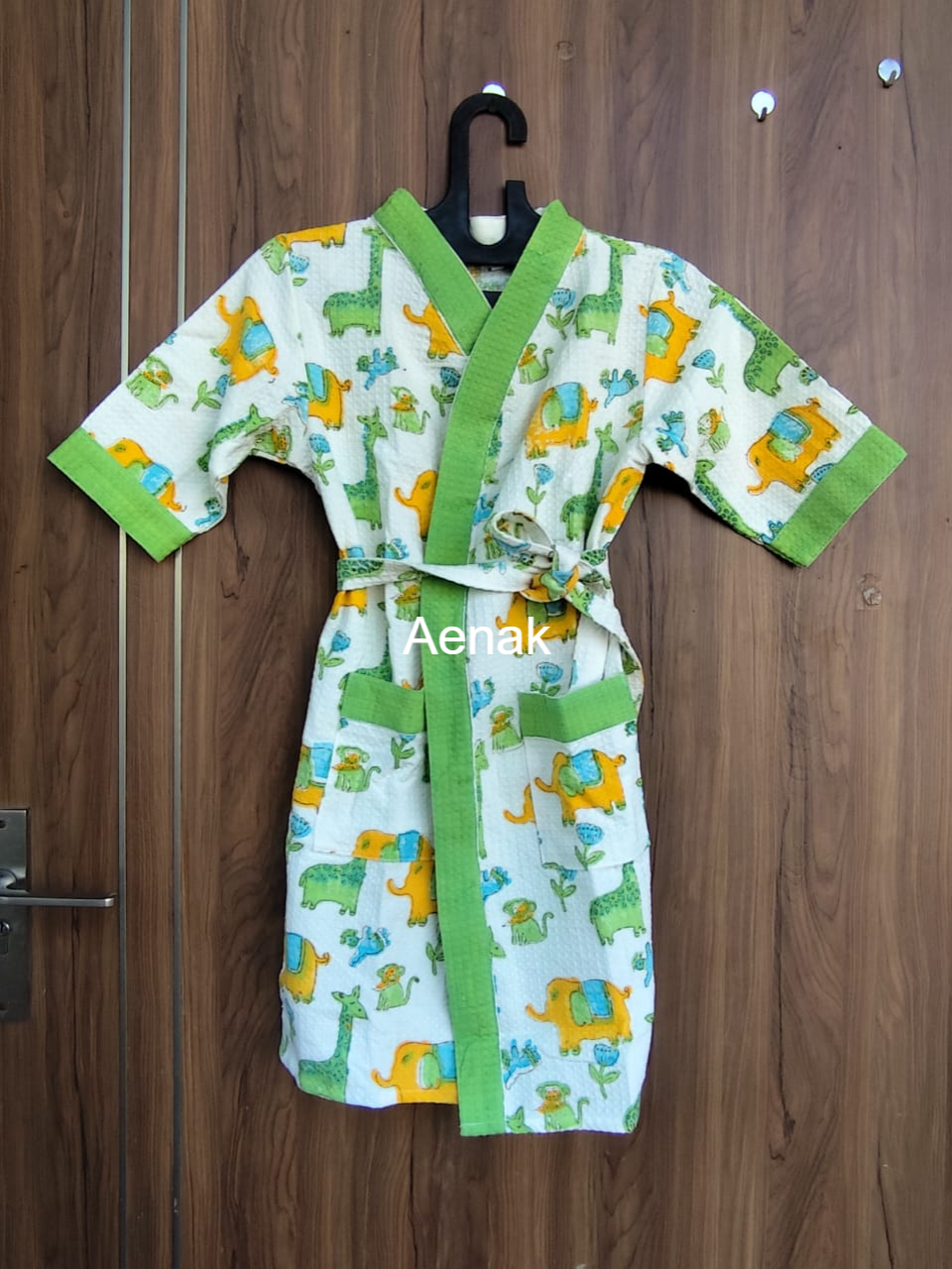 Yellow Elephant Handblock Cotton Bathrobe Set
