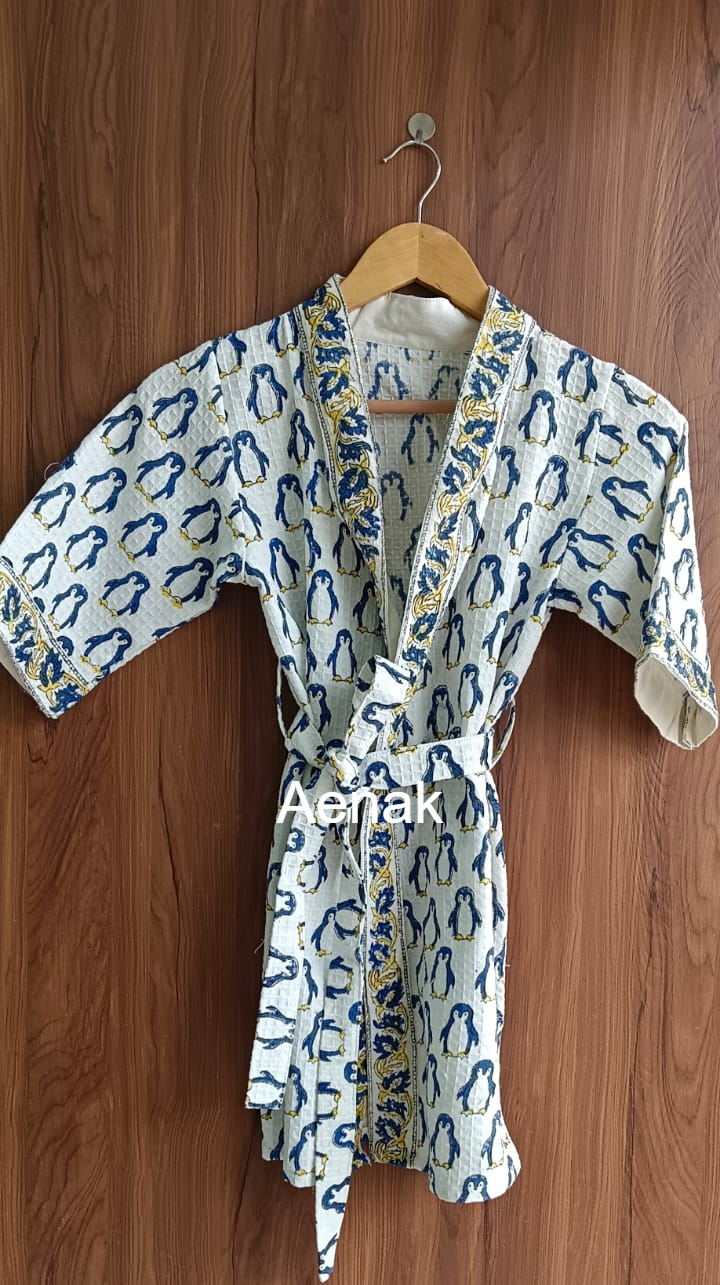 Blue Penguin Handblock Cotton Bathrobe