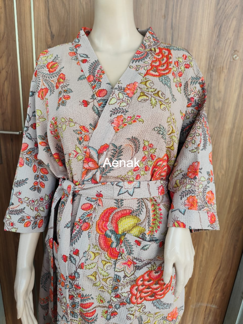 Peach Floral Garden Handblock Waffle Cotton Bathrobe Set