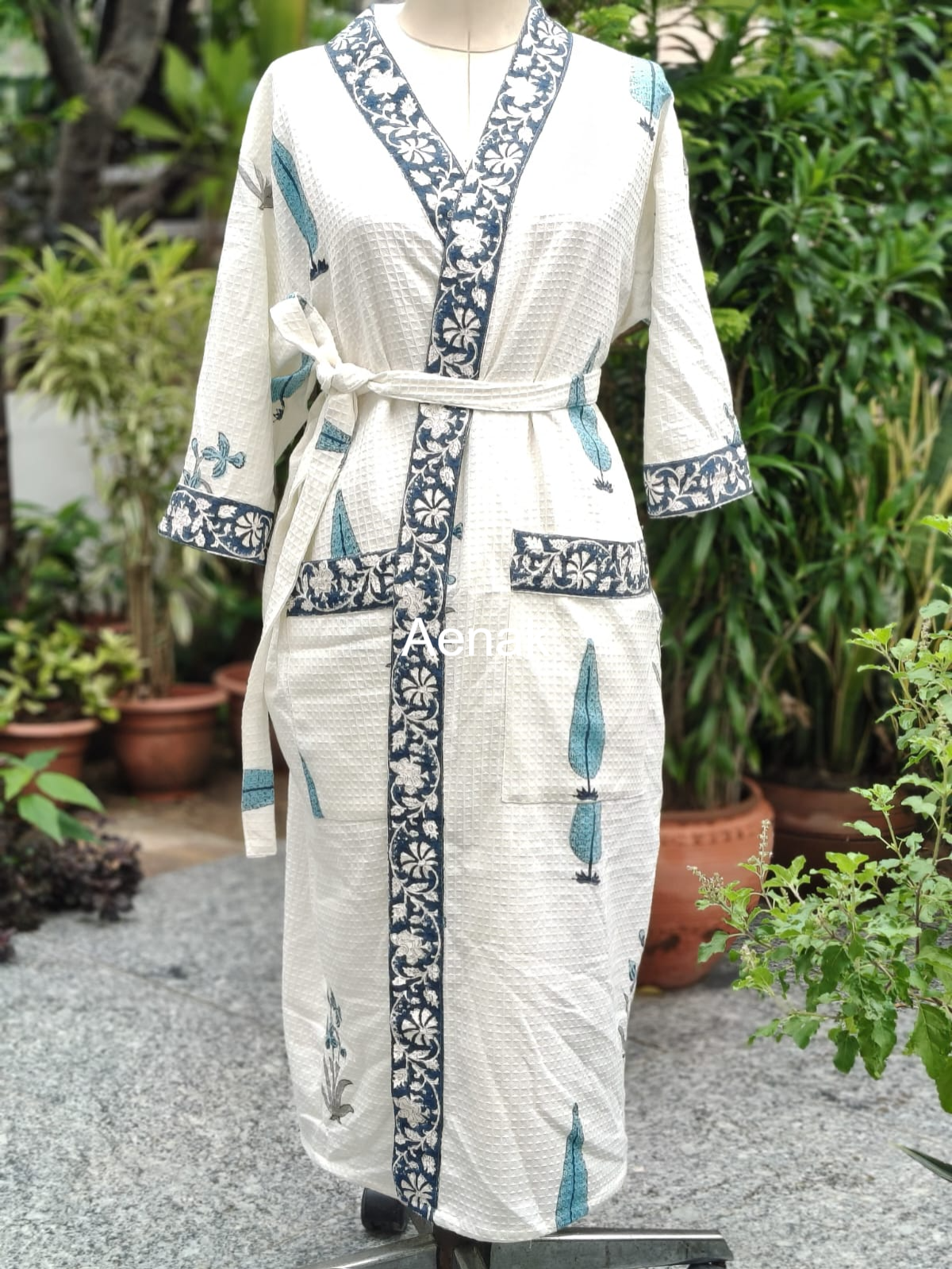 Blue Cypress Handblock Waffle Cotton Bathrobe Set