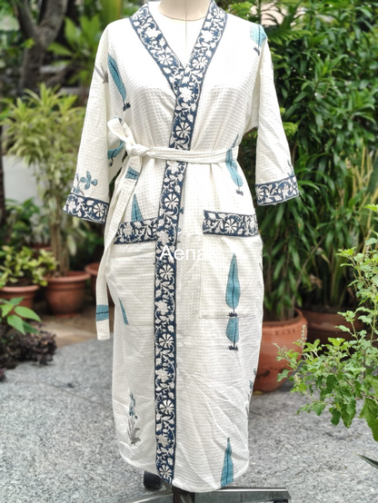 Blue Cypress Handblock Waffle Cotton Bathrobe Set