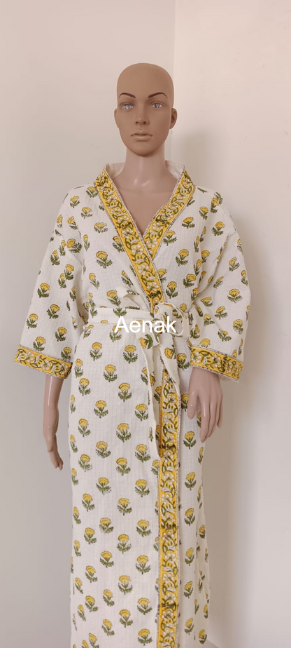 Tiny Yellow Marigold Handblock Waffle Cotton Bathrobe