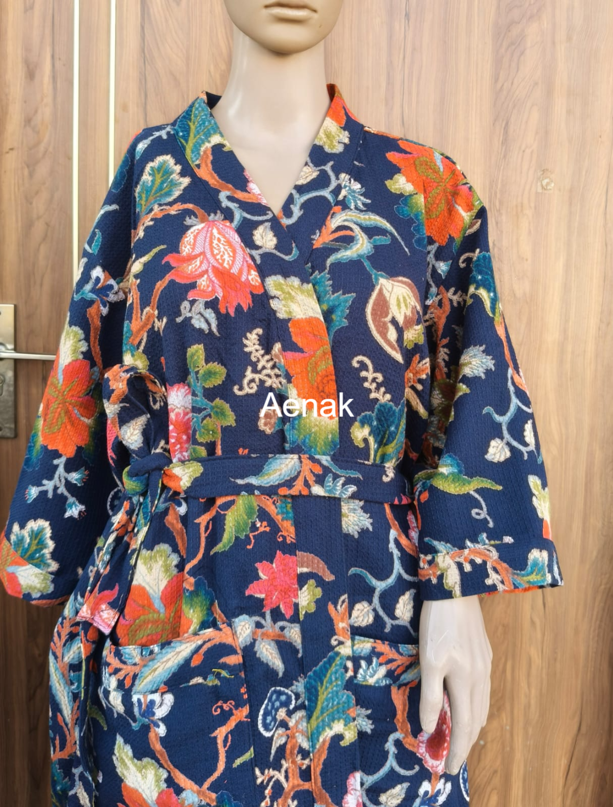 Blue Floral Garden Handblock Waffle Cotton Bathrobe Set