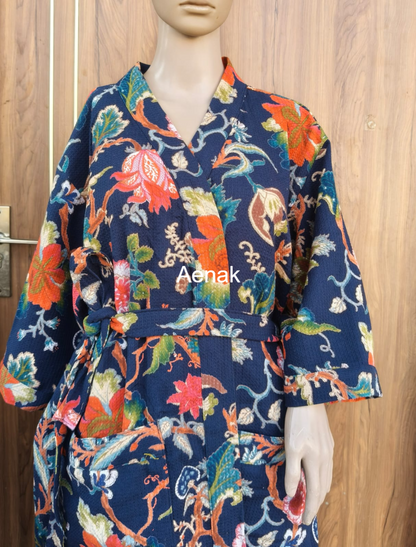 Blue Floral Garden Handblock Waffle Cotton Bathrobe Set