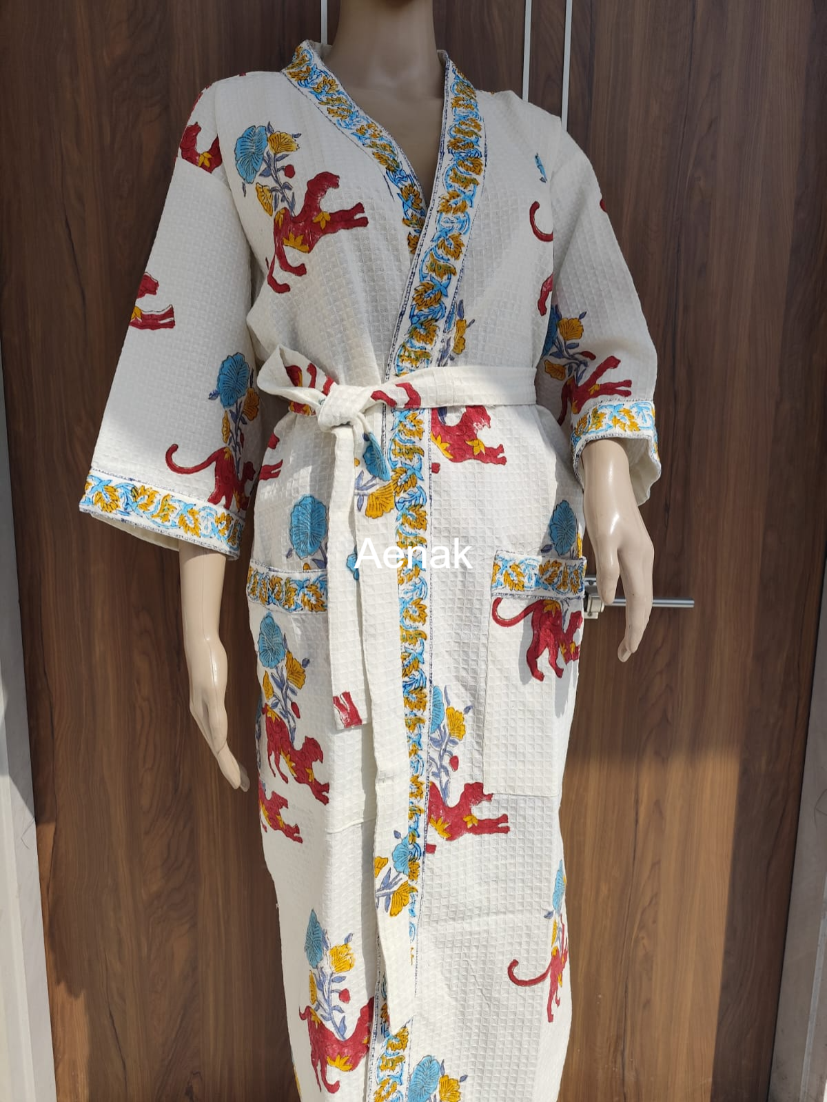 Red Cheetah Handblock Waffle Cotton Bathrobe