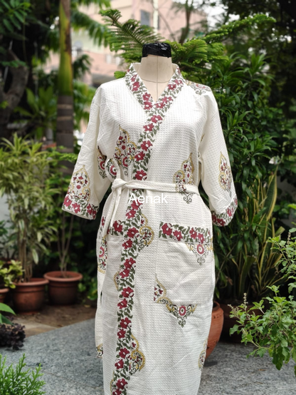Red Bhoota Handblock Waffle Cotton Bathrobe Set
