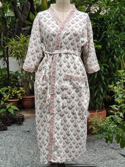 Tiny Rose Handblock Waffle Cotton Bathrobe Set