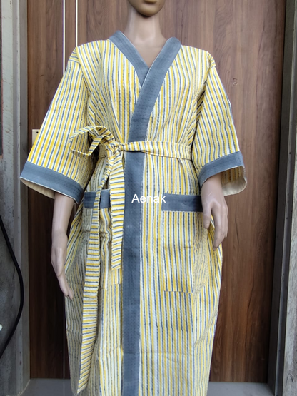 Yellow Striped Handblock Waffle Cotton Bathrobe
