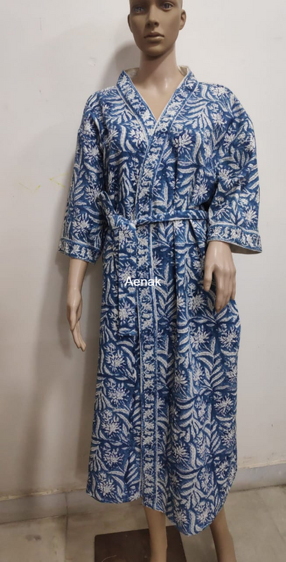 Blue Bloom Handblock Waffle Cotton Bathrobe