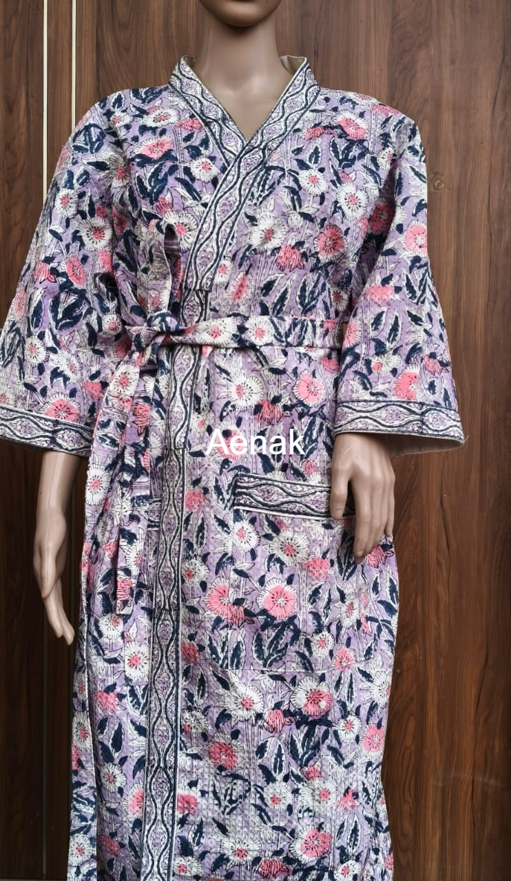 Purple Phool Handblock Waffle Cotton Bathrobe Set