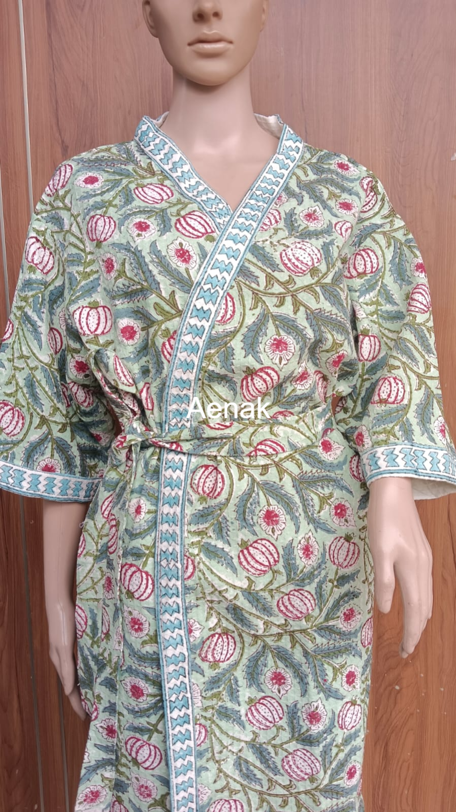 Red Anaar Handblock Waffle Cotton Bathrobe Set