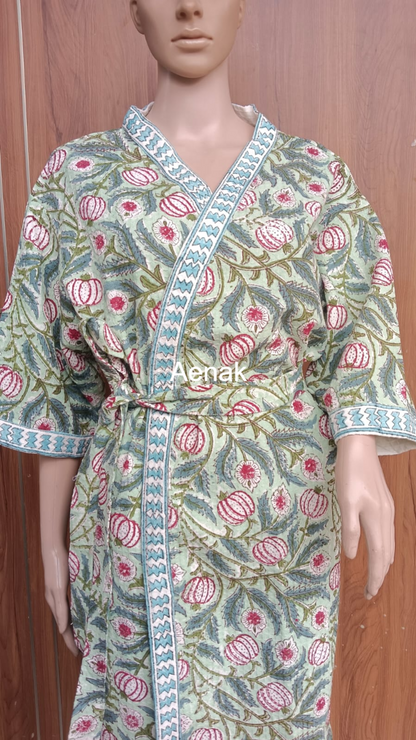 Red Anaar Handblock Waffle Cotton Bathrobe Set
