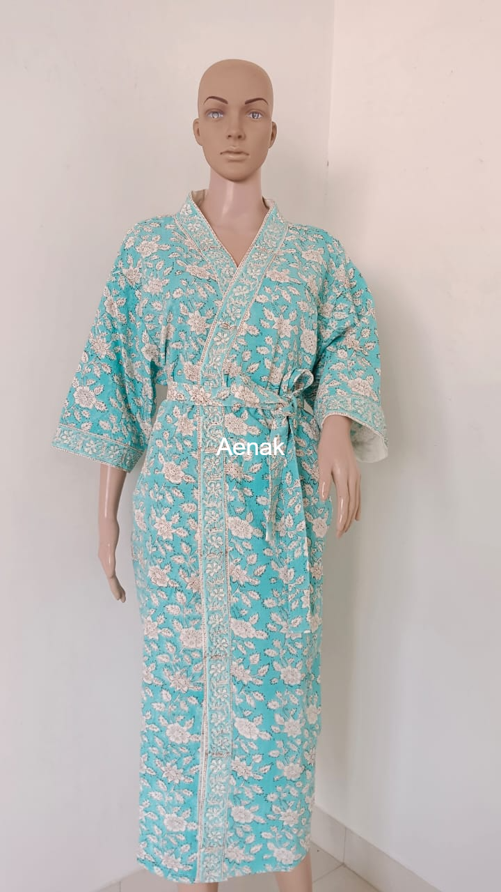 Sky Blue Floral Garden Handblock Waffle Cotton Bathrobe Set