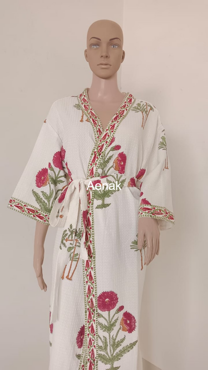 Green Dahlia Handblock Waffle Cotton Bathrobe Set