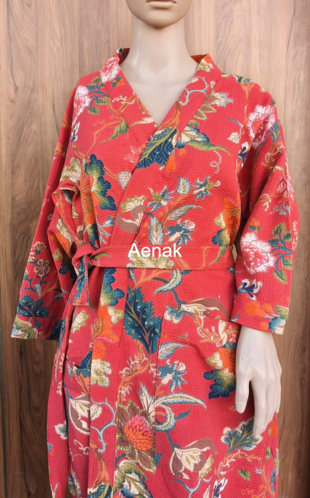 Peach Floral Garden Handblock Waffle Cotton Bathrobe