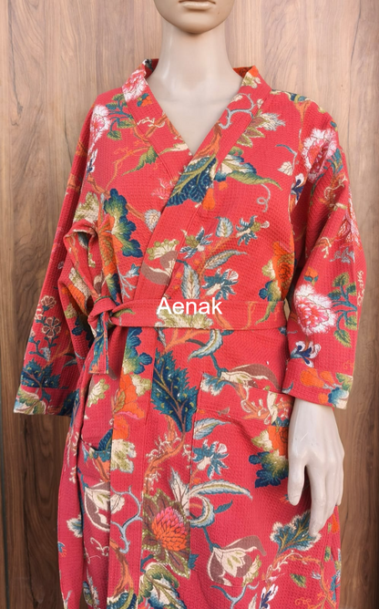 Peach Floral Garden Handblock Waffle Cotton Bathrobe