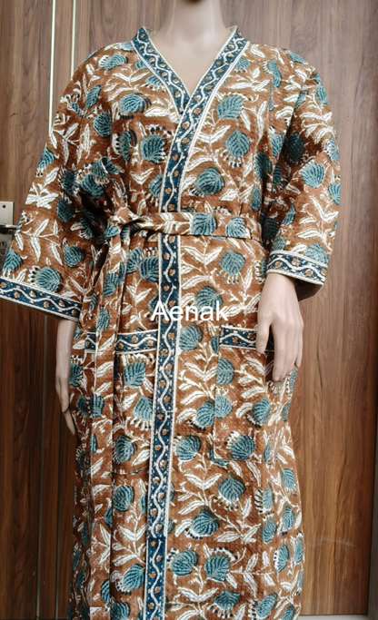 Royal Sanganer Handblock Waffle Cotton Bathrobe Set