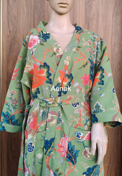 Flora Zen Handblock Waffle Cotton Bathrobe Set
