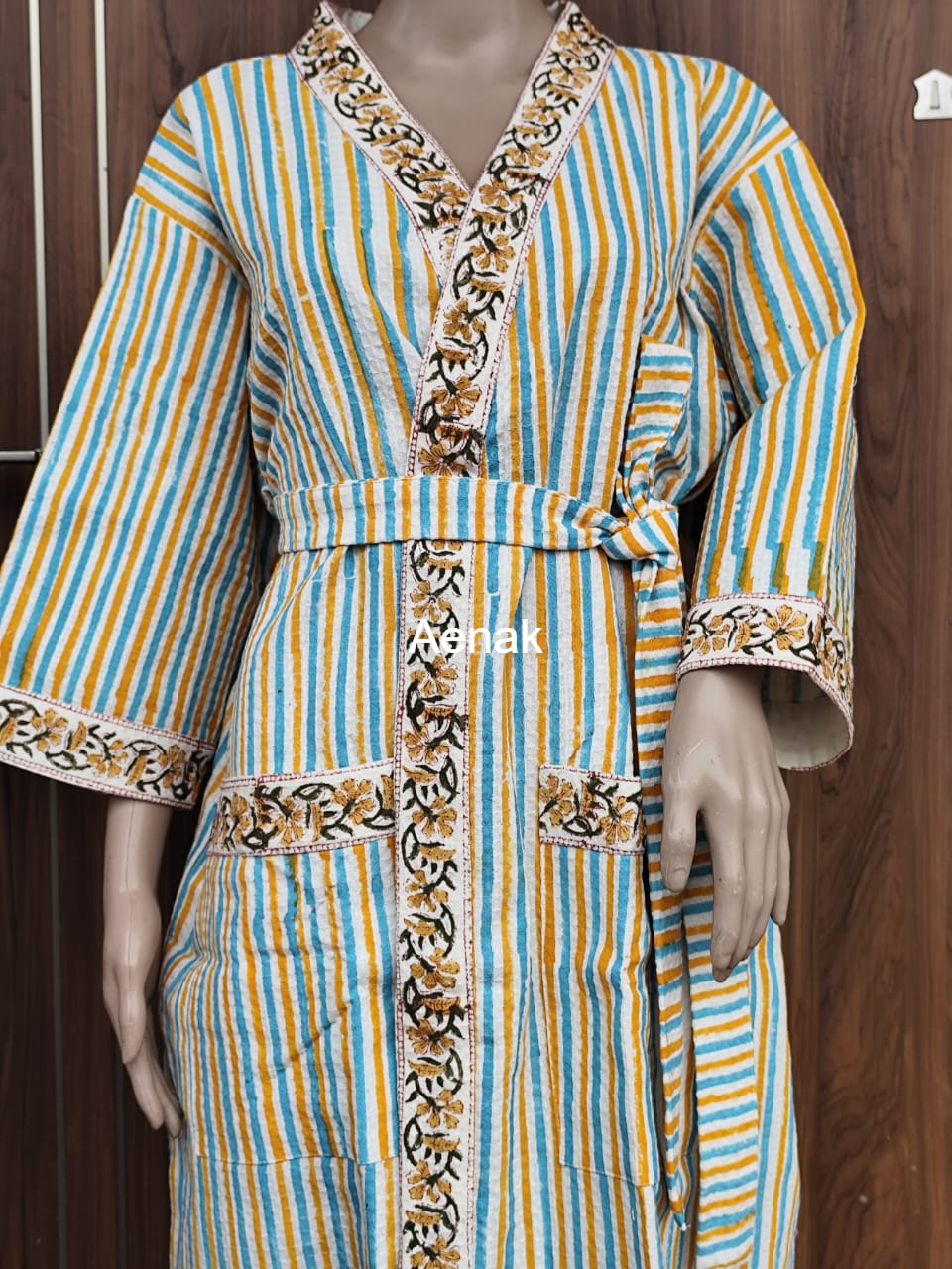 Blue & Yellow Striped Handblock Waffle Cotton Bathrobe Set