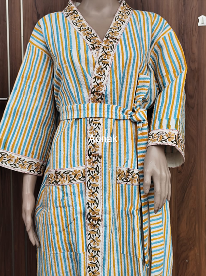 Blue & Yellow Striped Handblock Waffle Cotton Bathrobe Set