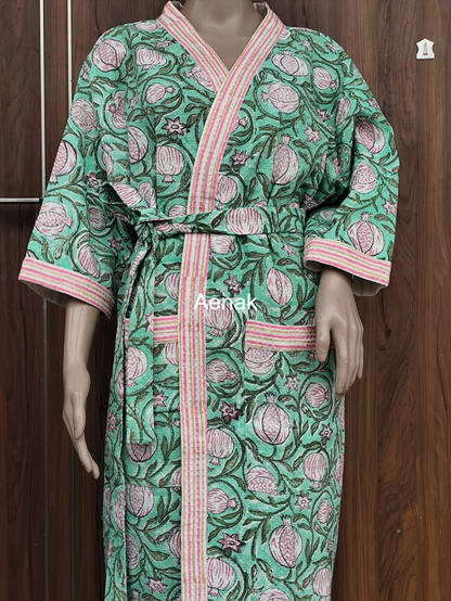 Pink Anaar Handblock Waffle Cotton Bathrobe Set