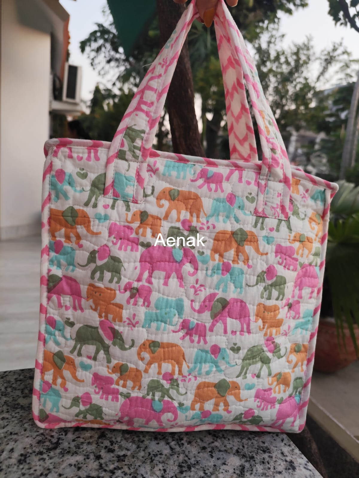 Pink Elephant Handblock Lunch Bag