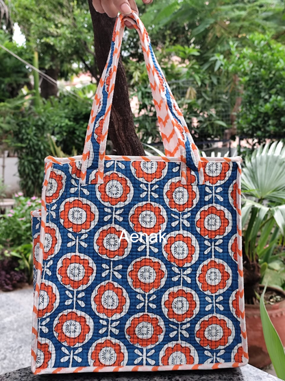 Orange Floral Handblock Lunch Bag