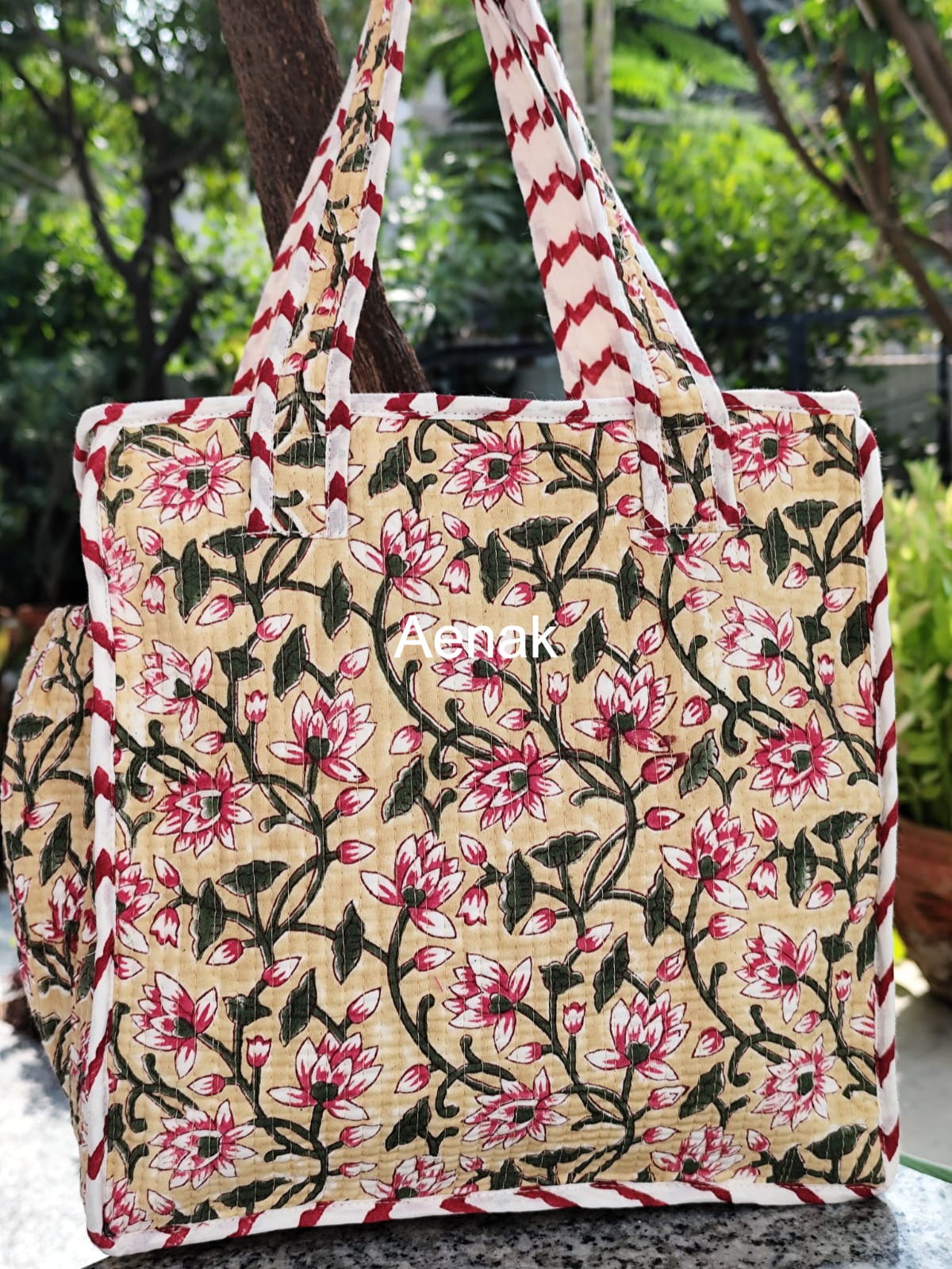 Beige Floral Jaal Handblock Lunch Bag