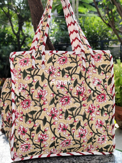 Beige Floral Jaal Handblock Lunch Bag